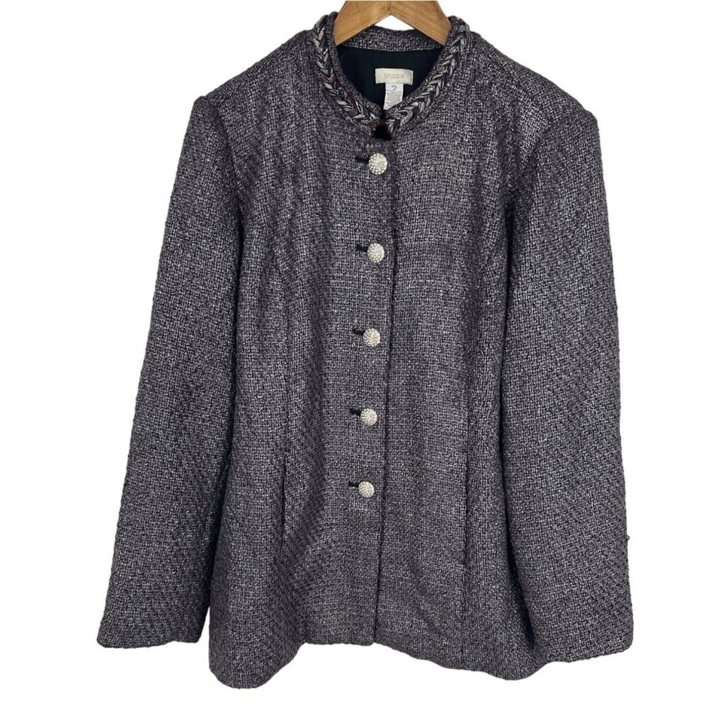 Chicos Women’s Textured Purple Knit Button Front Painted Silver Jacket Size 2 L